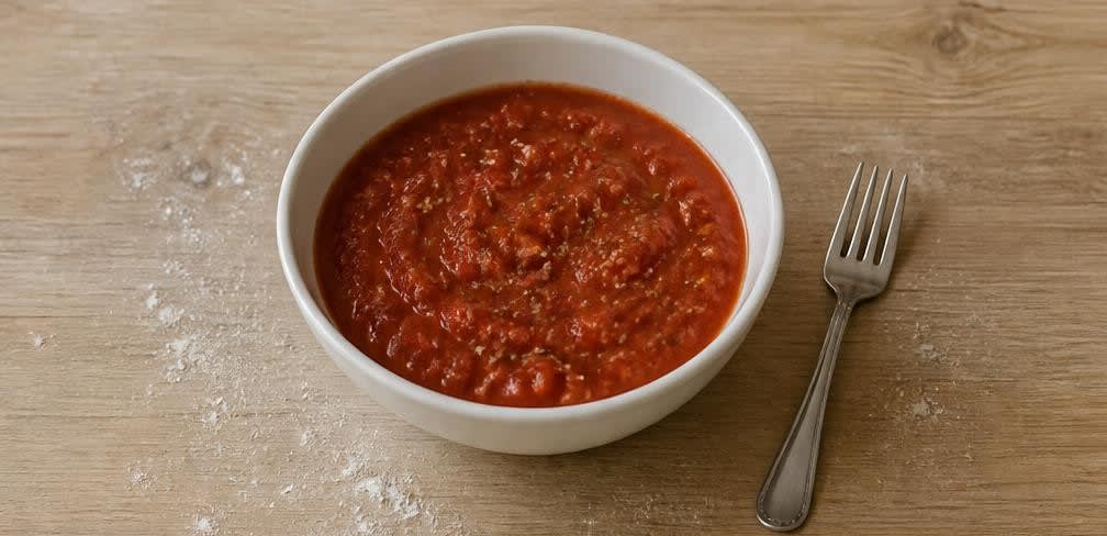 Sauerteig-Pizza Margherita mit frischem Basilikum – Zubereitung Schritt für Schritt – Tomatensauce anrühren