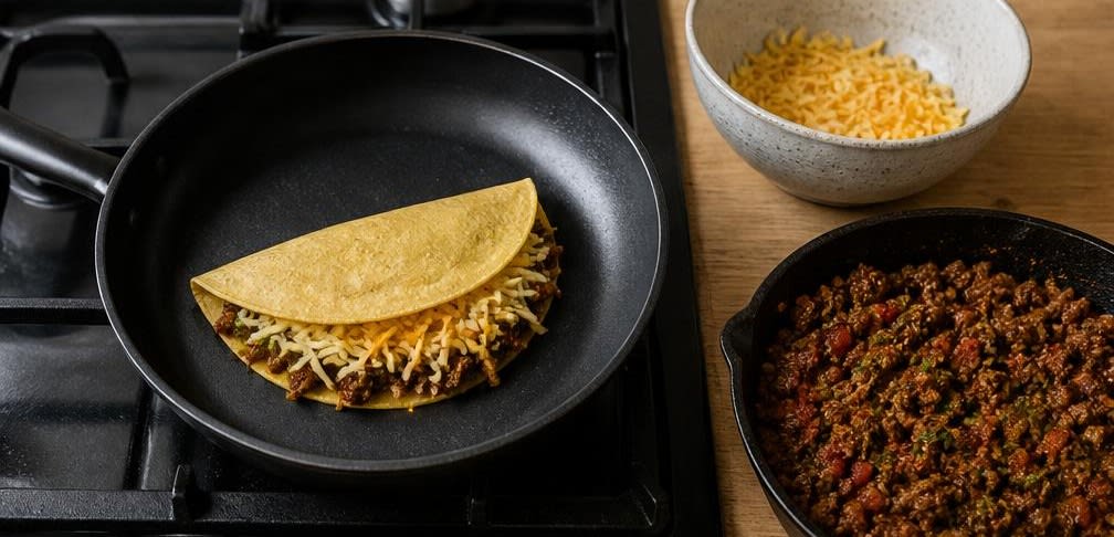 Mexikanische Quesadillas mit frisch geriebenem Cheddar und Chorizo-Hack – Zubereitung Schritt für Schritt – Quesadilla füllen