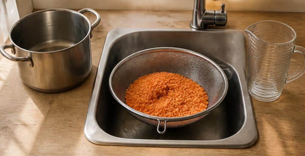 Dal Tadka aus eingeweichten Linsen – Zubereitung Schritt für Schritt – Linsen abgießen