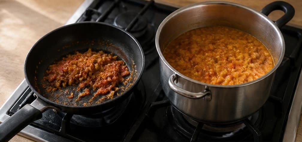Dal Tadka aus eingeweichten Linsen – Zubereitung Schritt für Schritt – Zwiebeln & Tomaten dünsten
