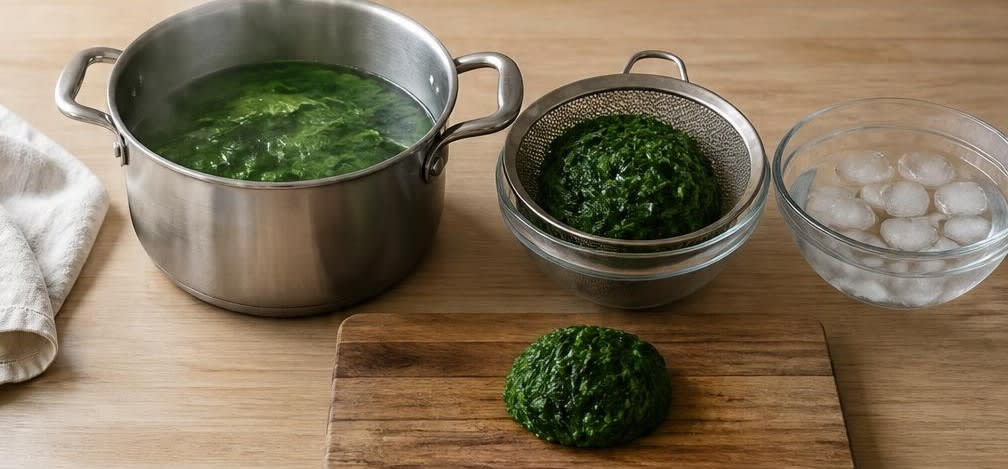 Palak Paneer mit blanchiertem Spinat und Basmatireis – Zubereitung Schritt für Schritt – Spinat blanchieren