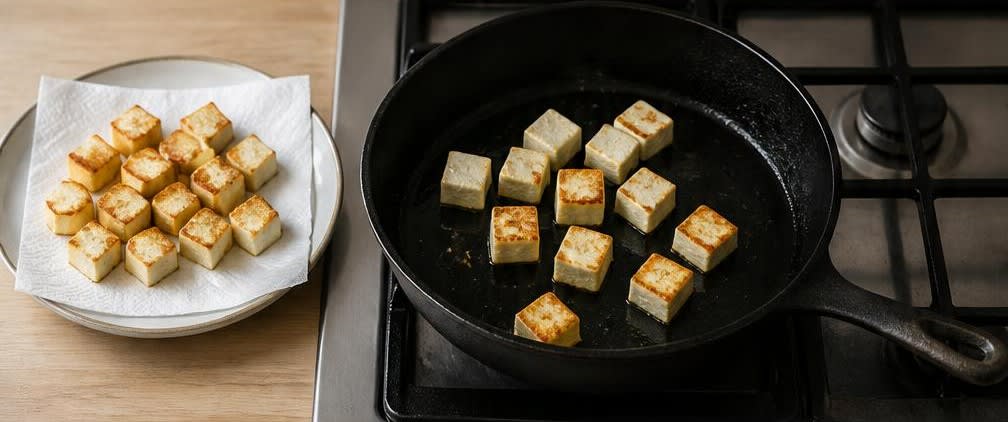 Palak Paneer mit blanchiertem Spinat und Basmatireis – Zubereitung Schritt für Schritt – Paneer anbraten