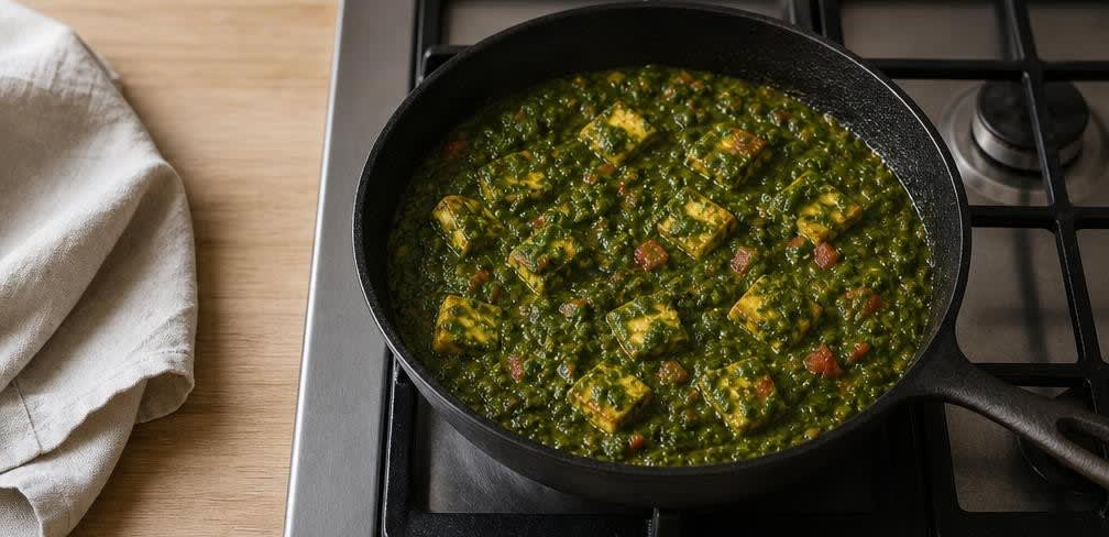 Palak Paneer mit blanchiertem Spinat und Basmatireis – Zubereitung Schritt für Schritt – Curry erwärmen