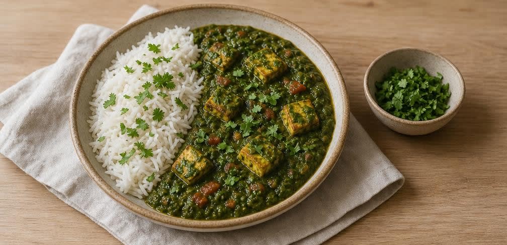 Palak Paneer mit blanchiertem Spinat und Basmatireis – Zubereitung Schritt für Schritt – Anrichten