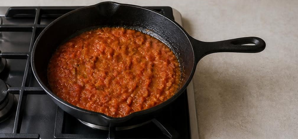 Indisches Brokkoli-Sabzi mit rohem Senfmehl – Zubereitung Schritt für Schritt – Tomaten-Masala köcheln