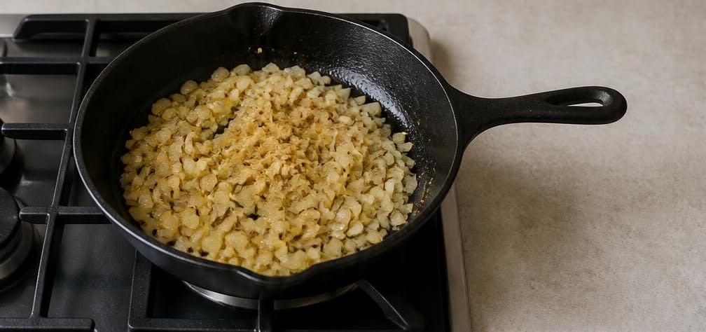 Indisches Brokkoli-Sabzi mit rohem Senfmehl – Zubereitung Schritt für Schritt – Zwiebeln und Ingwer anbraten