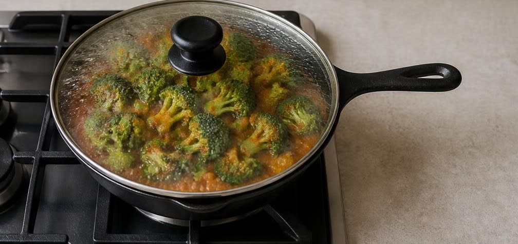 Indisches Brokkoli-Sabzi mit rohem Senfmehl – Zubereitung Schritt für Schritt – Brokkoli dämpfen