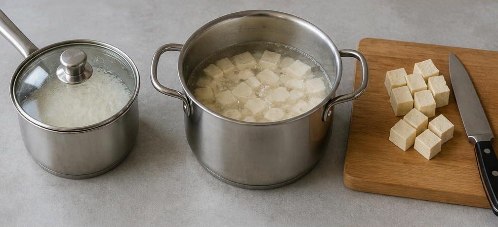 Klassisches Mapo Tofu mit Rinderhackfleisch und Sichuanpfeffer – Zubereitung Schritt für Schritt – Reis kochen und Tofu blanchieren