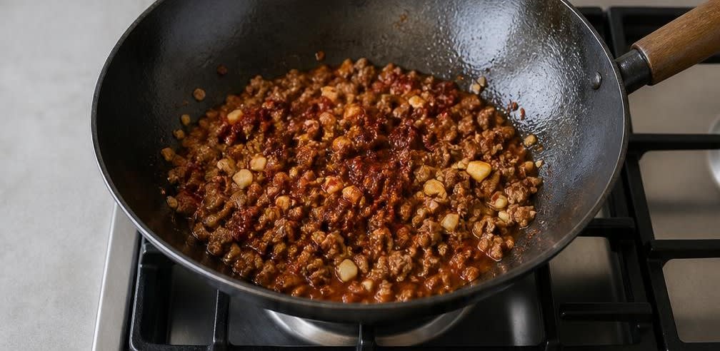 Klassisches Mapo Tofu mit Rinderhackfleisch und Sichuanpfeffer – Zubereitung Schritt für Schritt – Aromaten mitbraten