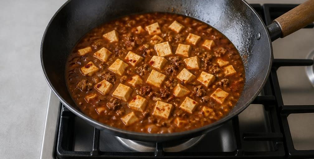 Klassisches Mapo Tofu mit Rinderhackfleisch und Sichuanpfeffer – Zubereitung Schritt für Schritt – Ablöschen und köcheln