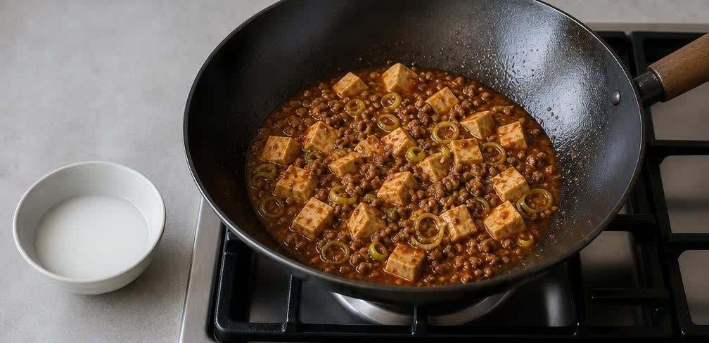 Klassisches Mapo Tofu mit Rinderhackfleisch und Sichuanpfeffer – Zubereitung Schritt für Schritt – Soße andicken