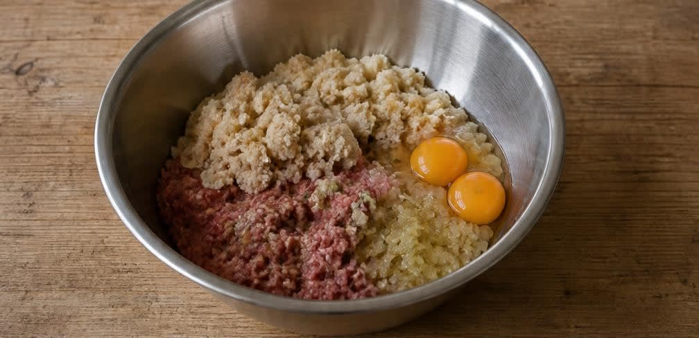 Klassische Frikadellen mit selbst gemachten Semmelbröseln – Zubereitung Schritt für Schritt – Hackmasse mischen