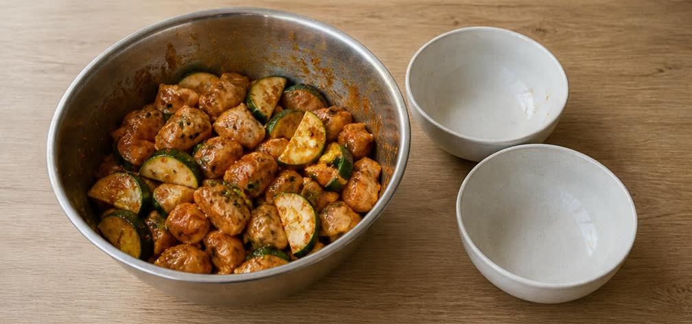Ofengebackene Putenbrust mit gerösteter Süßkartoffel und Zucchini – Zubereitung Schritt für Schritt – Putenbrust und Zucchini marinieren