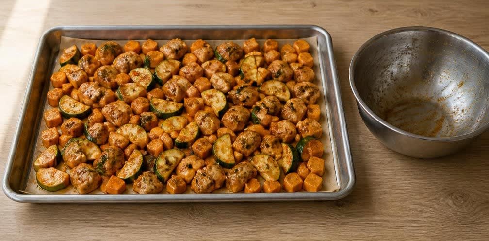 Ofengebackene Putenbrust mit gerösteter Süßkartoffel und Zucchini – Zubereitung Schritt für Schritt – Alles auf dem Blech verteilen
