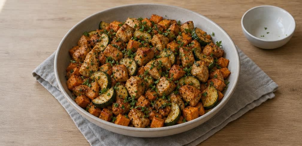 Ofengebackene Putenbrust mit gerösteter Süßkartoffel und Zucchini – Zubereitung Schritt für Schritt – Anrichten