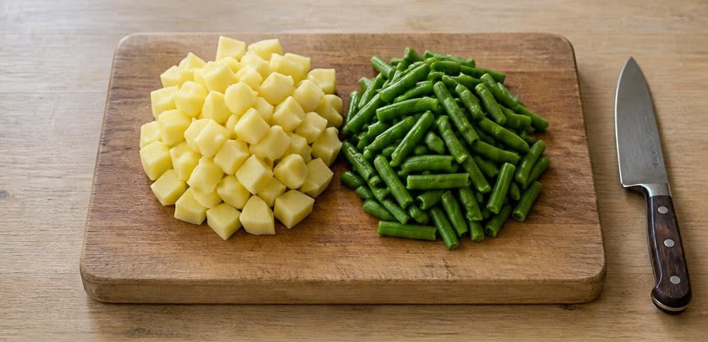 Britische Kartoffel-Bohnen-Pfanne mit Spiegelei – Zubereitung Schritt für Schritt – Kartoffeln und Bohnen vorbereiten