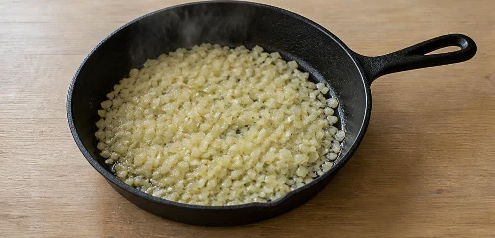 Britische Kartoffel-Bohnen-Pfanne mit Spiegelei – Zubereitung Schritt für Schritt – Zwiebeln anbraten