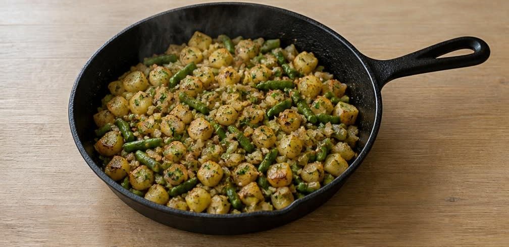 Britische Kartoffel-Bohnen-Pfanne mit Spiegelei – Zubereitung Schritt für Schritt – Gemüse anbraten