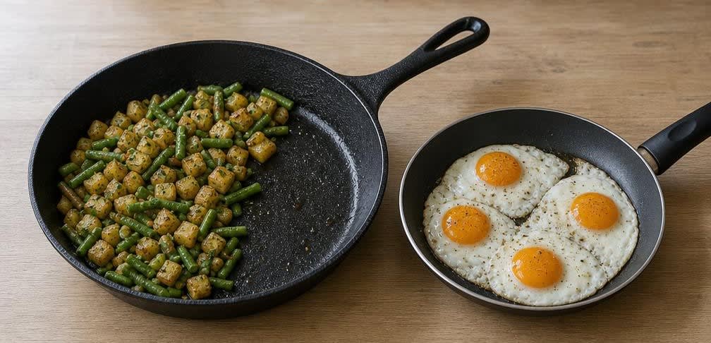 Britische Kartoffel-Bohnen-Pfanne mit Spiegelei – Zubereitung Schritt für Schritt – Spiegeleier braten