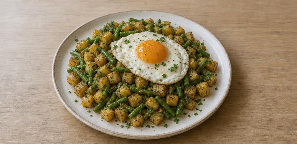 Britische Kartoffel-Bohnen-Pfanne mit Spiegelei – Zubereitung Schritt für Schritt – Anrichten