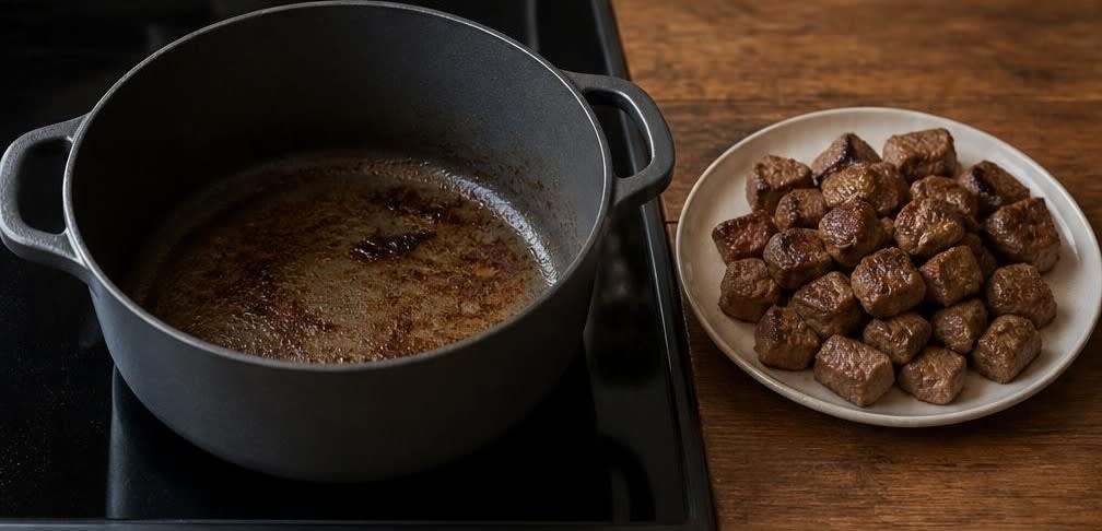Marokkanisches Rinderschmorgericht mit Paprika und Couscous – Zubereitung Schritt für Schritt – Rindfleisch anbraten