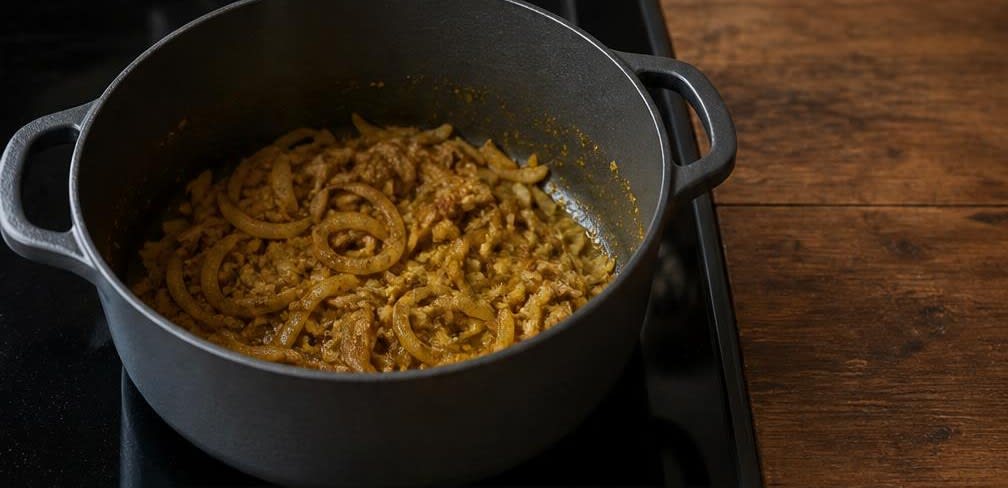 Marokkanisches Rinderschmorgericht mit Paprika und Couscous – Zubereitung Schritt für Schritt – Zwiebeln und Gewürze rösten