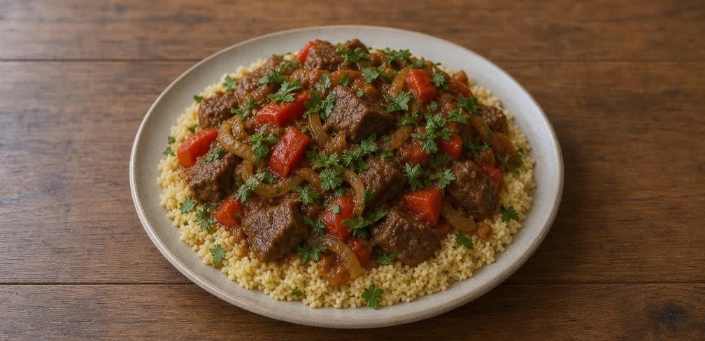 Marokkanisches Rinderschmorgericht mit Paprika und Couscous – Zubereitung Schritt für Schritt – Anrichten und servieren