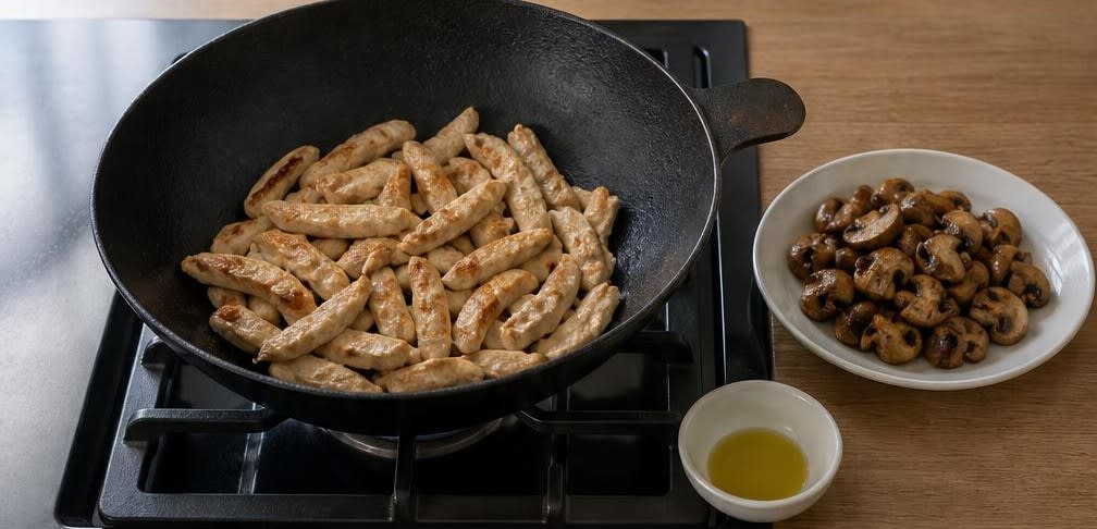 Asiatische Putenbrust-Pfanne mit Champignons und Vollkornreis – Zubereitung Schritt für Schritt – Putenbrust anbraten