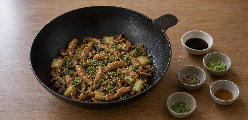Asiatische Putenbrust-Pfanne mit Champignons und Vollkornreis – Zubereitung Schritt für Schritt – Ablöschen und Garnieren