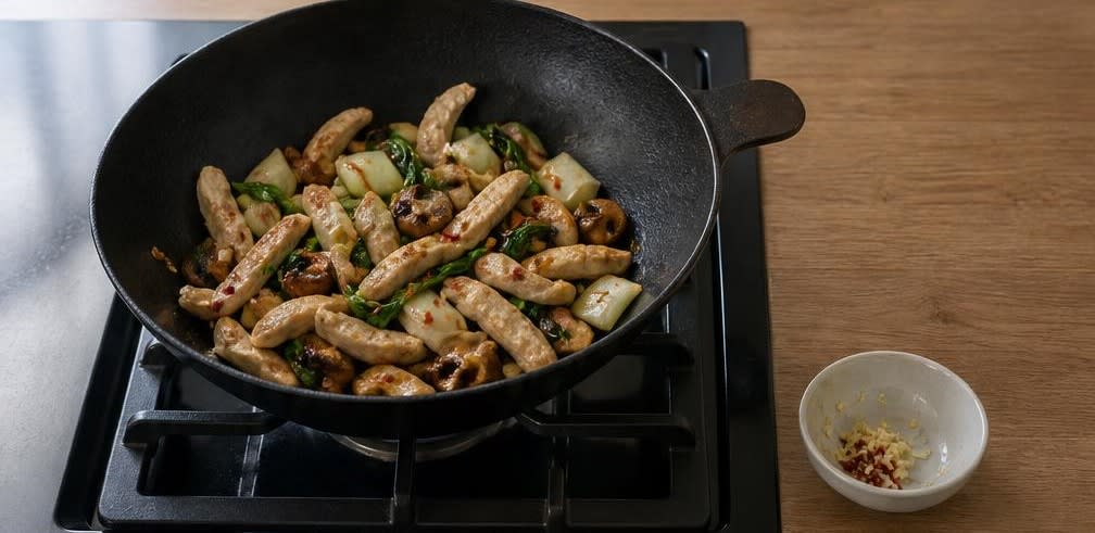 Asiatische Putenbrust-Pfanne mit Champignons und Vollkornreis – Zubereitung Schritt für Schritt – Aromaten und Gemüse hinzufügen