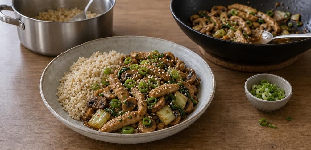 Asiatische Putenbrust-Pfanne mit Champignons und Vollkornreis – Zubereitung Schritt für Schritt – Anrichten