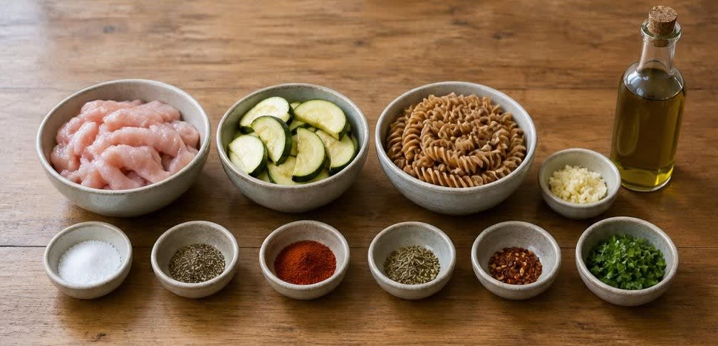 Spanische Puten-Zucchini-Pfanne mit Vollkornnudeln – Zutaten bereitstellen