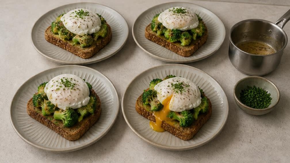 Pochierte Eier auf Vollkornbrot mit Brokkoli und brauner Senfbutter – Zubereitung Schritt für Schritt – Anrichten