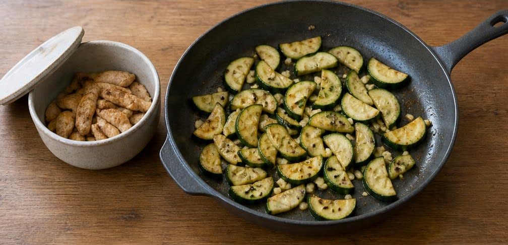 Spanische Puten-Zucchini-Pfanne mit Vollkornnudeln – Zubereitung Schritt für Schritt – Zucchini anbraten