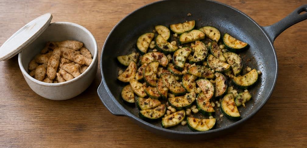 Spanische Puten-Zucchini-Pfanne mit Vollkornnudeln – Zubereitung Schritt für Schritt – Gewürze mitrösten
