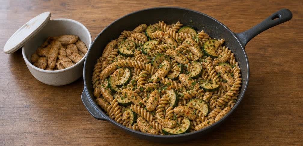 Spanische Puten-Zucchini-Pfanne mit Vollkornnudeln – Zubereitung Schritt für Schritt – Alles vermengen
