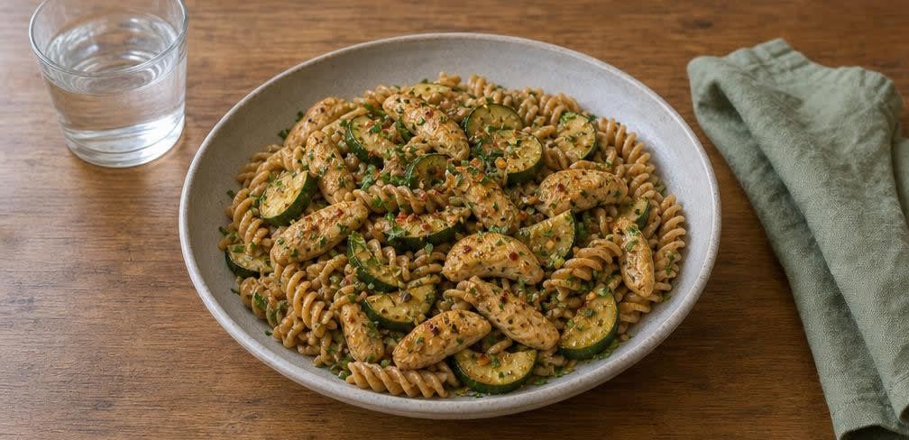 Spanische Puten-Zucchini-Pfanne mit Vollkornnudeln – Zubereitung Schritt für Schritt – Anrichten
