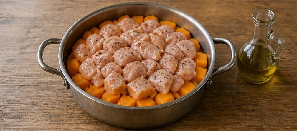 Marokkanische Dämpf-Hähnchenbrust mit Kürbis und Bulgur – Zubereitung Schritt für Schritt – Kürbis und Hähnchen schichten