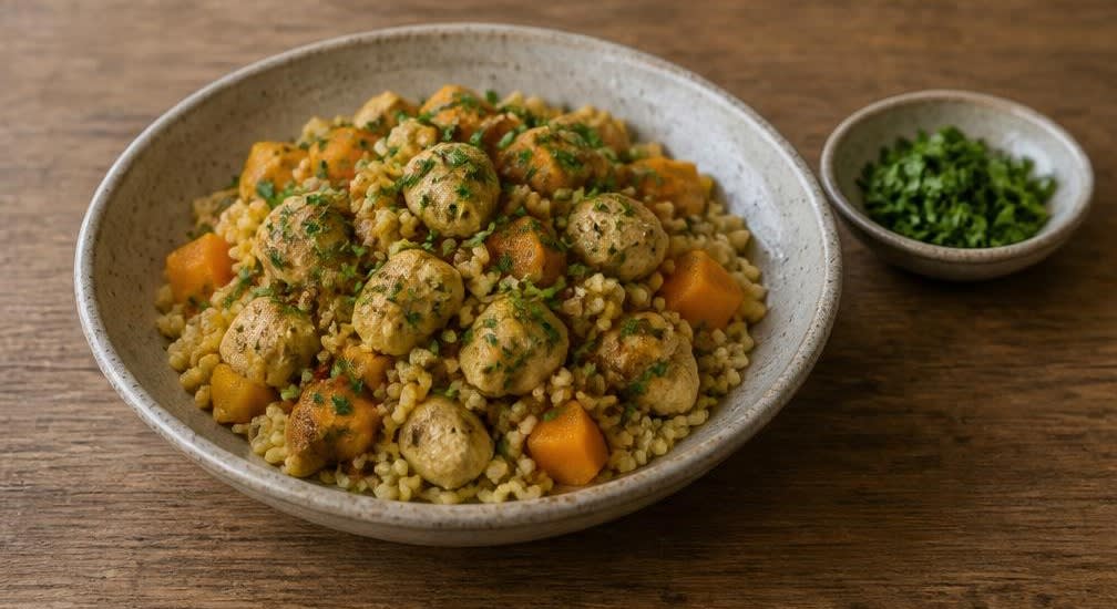 Marokkanische Dämpf-Hähnchenbrust mit Kürbis und Bulgur – Zubereitung Schritt für Schritt – Anrichten und garnieren