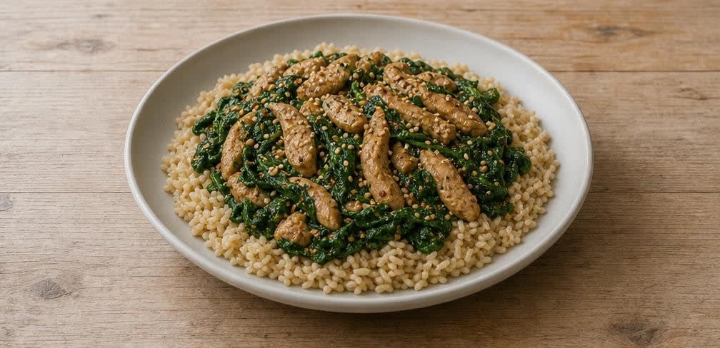 Asiatische Putenbrust mit gedünstetem Spinat und Vollkornreis – Zubereitung Schritt für Schritt – Anrichten