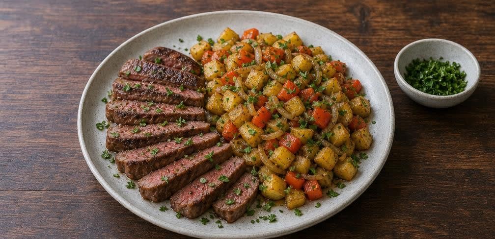 Saftiges Sirloin-Steak mit Paprika-Kartoffel-Pfanne – Zubereitung Schritt für Schritt – Anrichten