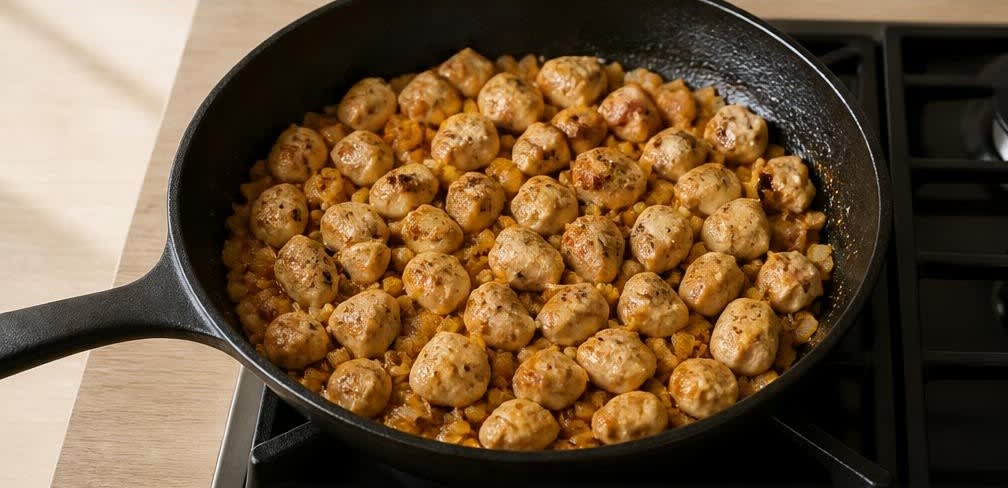 Spanische Putenbrust-Pfanne mit Grünen Bohnen und Bulgur – Zubereitung Schritt für Schritt – Putenbrust anbraten