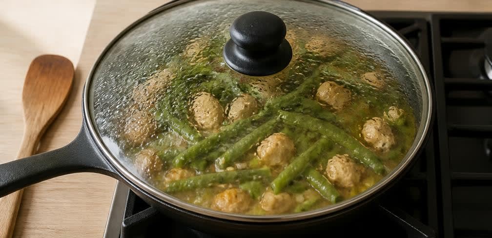 Spanische Putenbrust-Pfanne mit Grünen Bohnen und Bulgur – Zubereitung Schritt für Schritt – Bohnen und Brühe dünsten