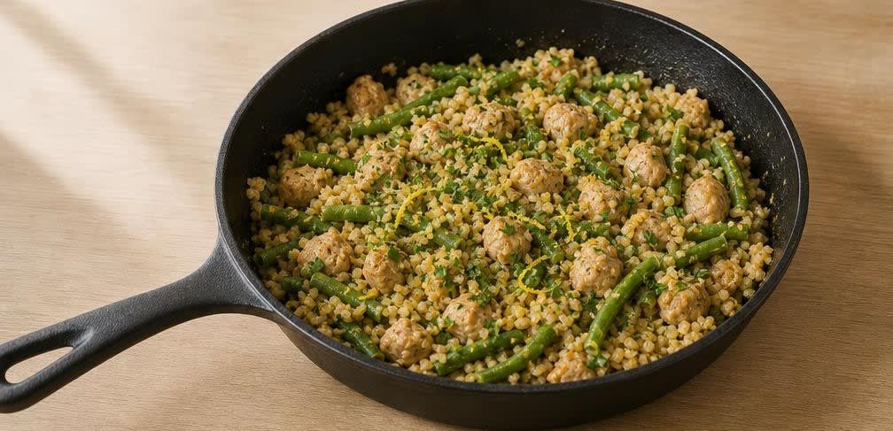 Spanische Putenbrust-Pfanne mit Grünen Bohnen und Bulgur – Zubereitung Schritt für Schritt – Bulgur einrühren und abschmecken