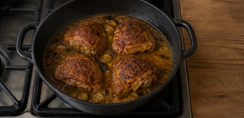 Marokkanische Schmor-Hähnchenschenkel auf Couscous und Aubergine – Zubereitung Schritt für Schritt – Hähnchen auflegen
