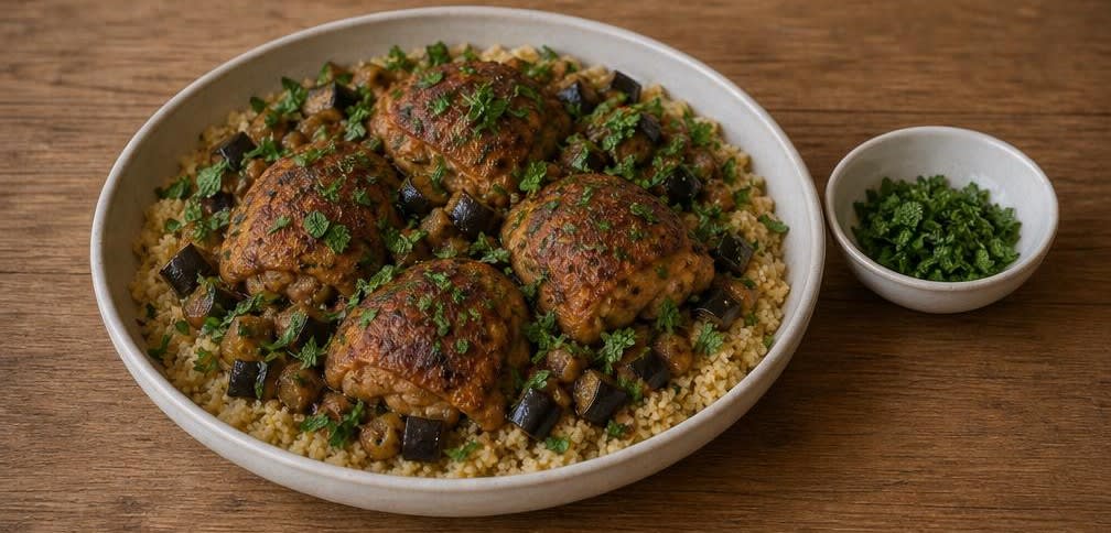 Marokkanische Schmor-Hähnchenschenkel auf Couscous und Aubergine – Zubereitung Schritt für Schritt – Anrichten