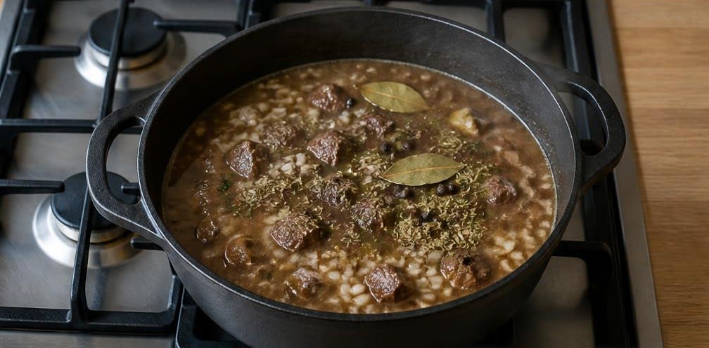 Geschmorte Rinderoberschale mit Champignons und Vollkornreis – Zubereitung Schritt für Schritt – Zwiebeln dünsten und ablöschen