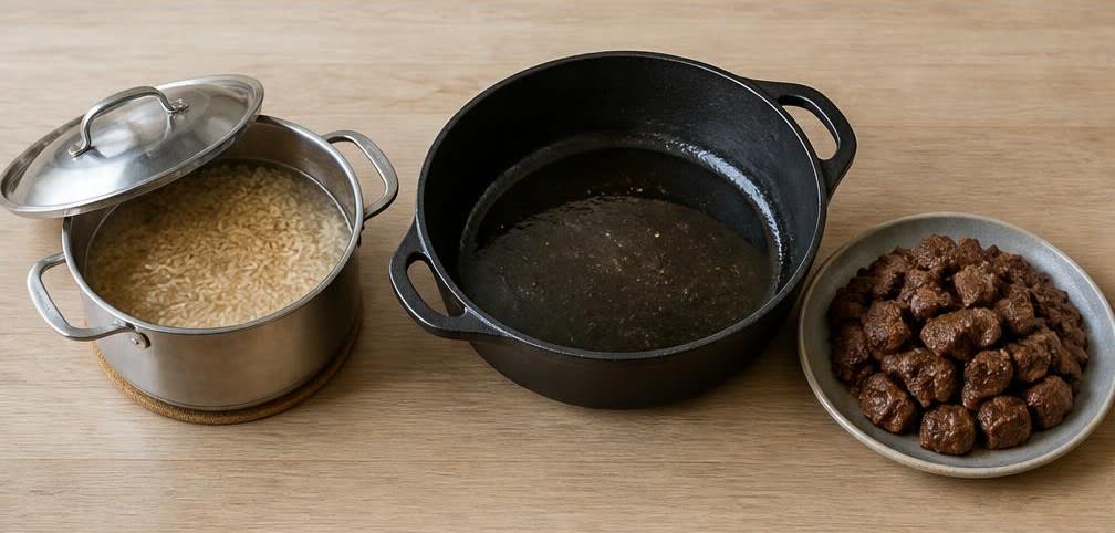 Geschmorte Rinderoberschale mit Champignons und Vollkornreis – Zubereitung Schritt für Schritt – Reis kochen und Fleisch anbraten