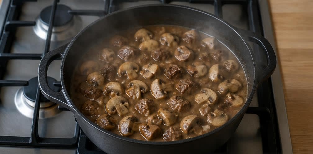 Geschmorte Rinderoberschale mit Champignons und Vollkornreis – Zubereitung Schritt für Schritt – Champignons mitschmoren