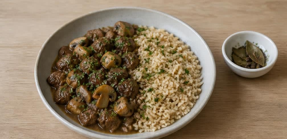 Geschmorte Rinderoberschale mit Champignons und Vollkornreis – Zubereitung Schritt für Schritt – Anrichten